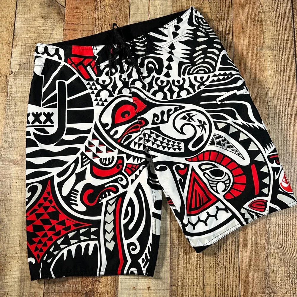 Quiksilver Black Red White Tribal Board Shorts Swim Trunks Zipper Pocket 34
